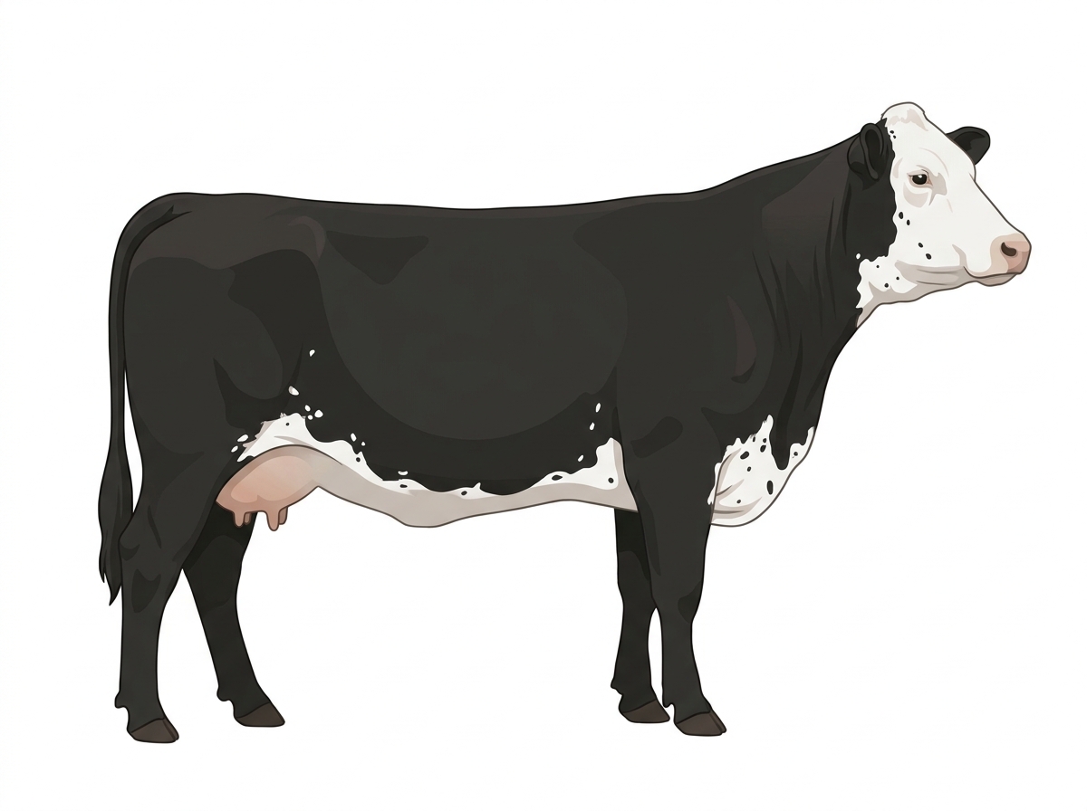 Black with a full white face, white brisket and underline, white spots and ticking in the white Simmental Cross Cow