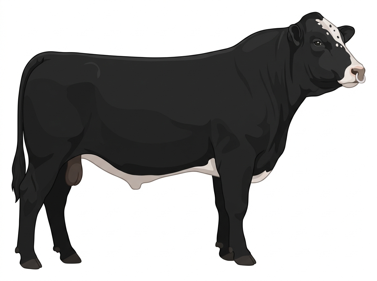 Black with a pale muzzle ring and lighter underline, a partial white face and a few white spots Simmental Cross Bull