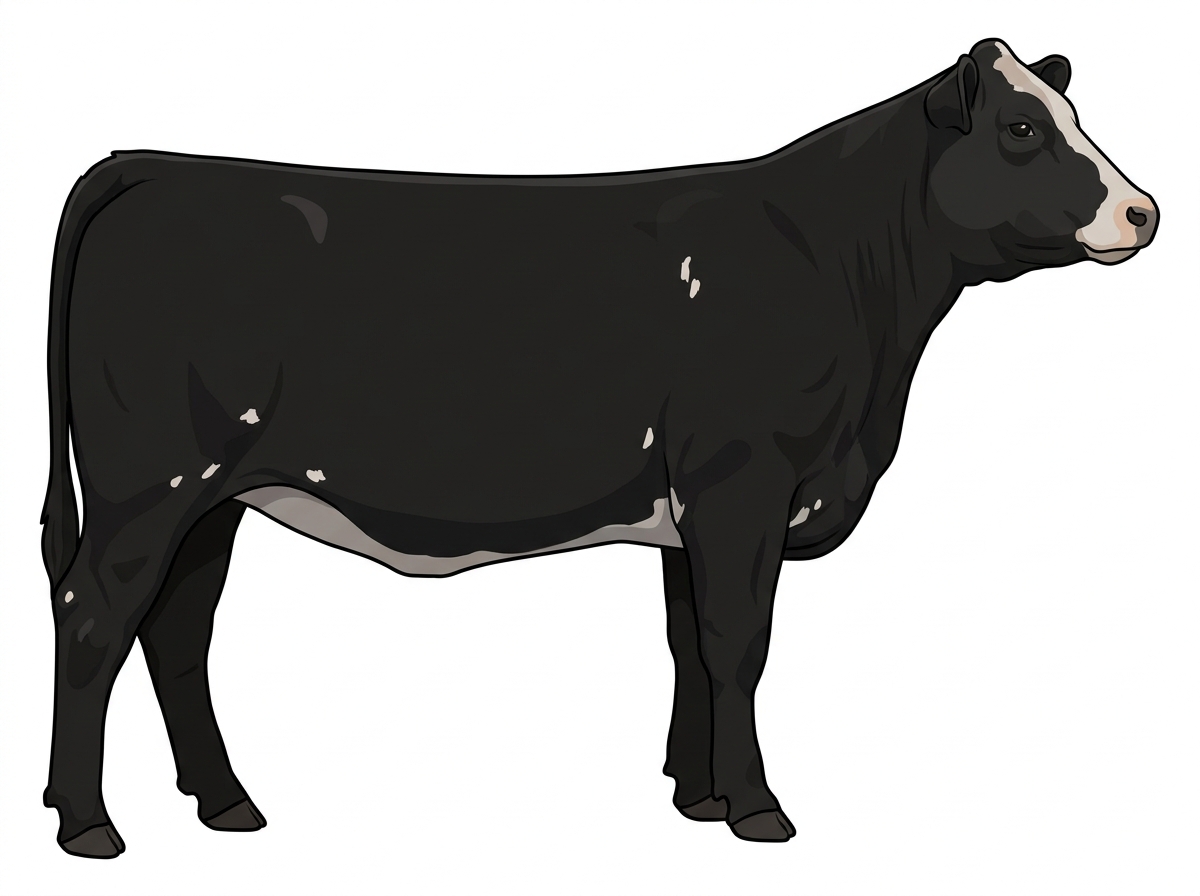 Black with a pale muzzle ring and lighter underline, a partial white face and a few white spots Simmental Cross Heifer