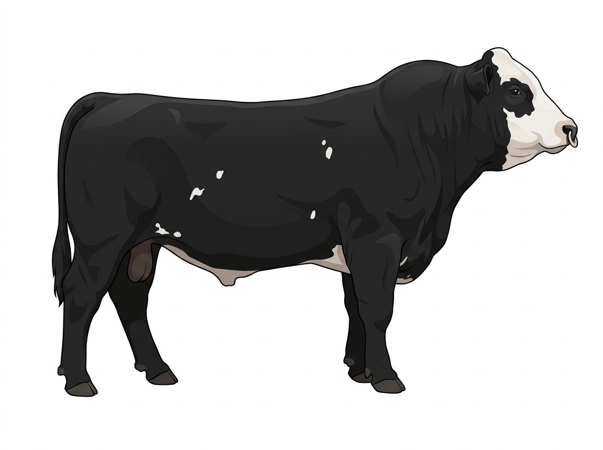 Black with a pale muzzle ring and lighter underline, a white face and a few white spots Simmental Cross Bull