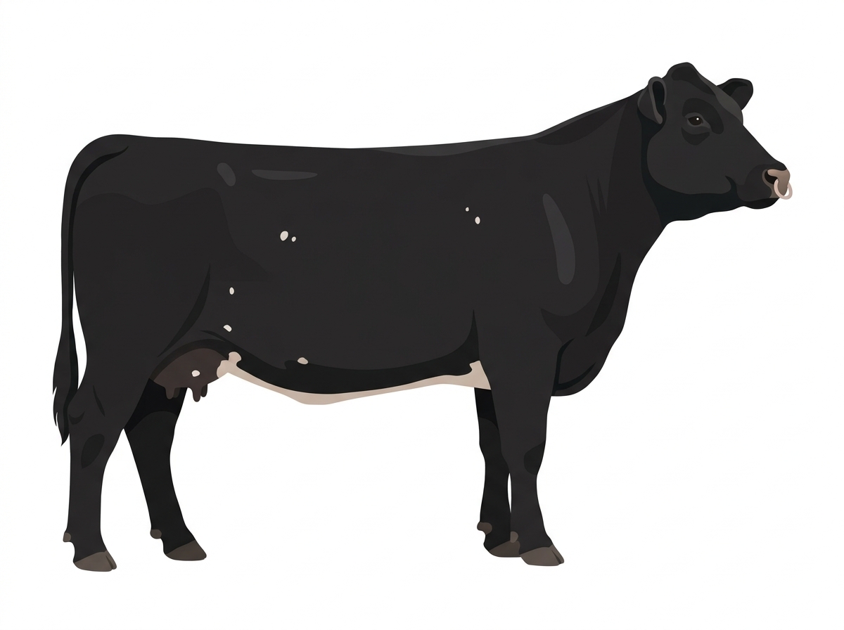 Black with a pale muzzle ring and lighter underline and a few white spots Simmental Cross Cow