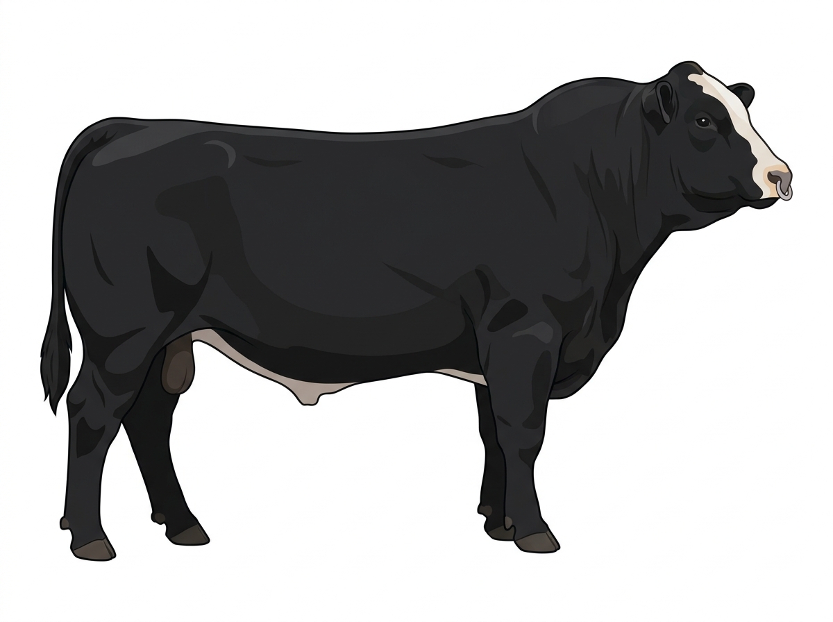 Black with a pale muzzle ring and lighter underline and a partial white face Simmental Cross Bull