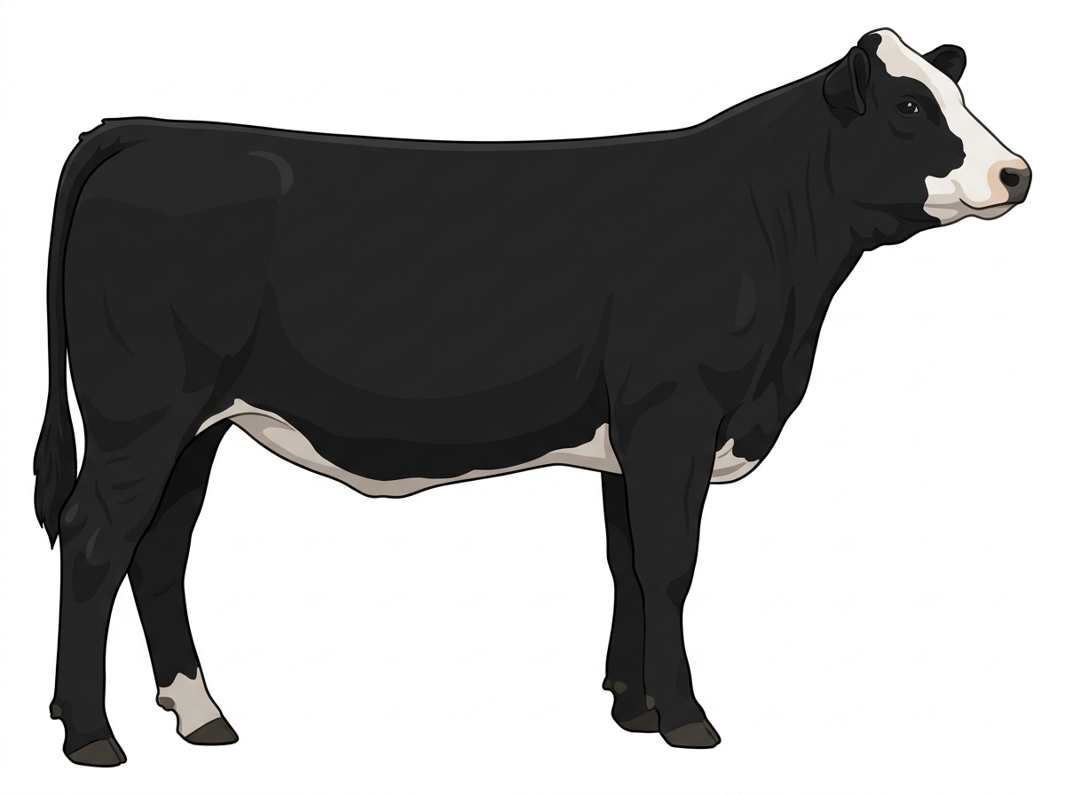 Black with a pale muzzle ring and lighter underline and a partial white face Simmental Cross Heifer