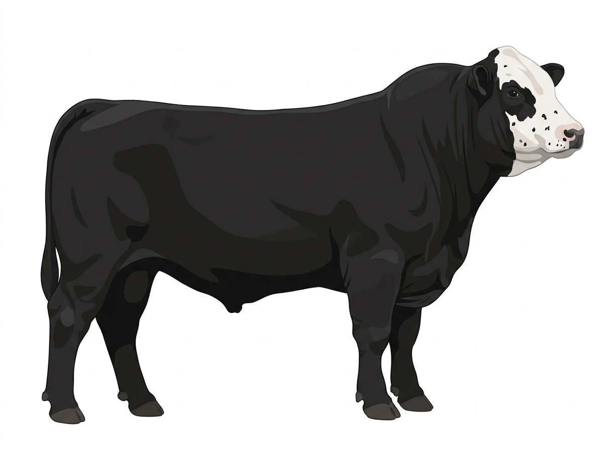Black with a partial white face, a few white spots and ticking in the white Simmental Cross Bull