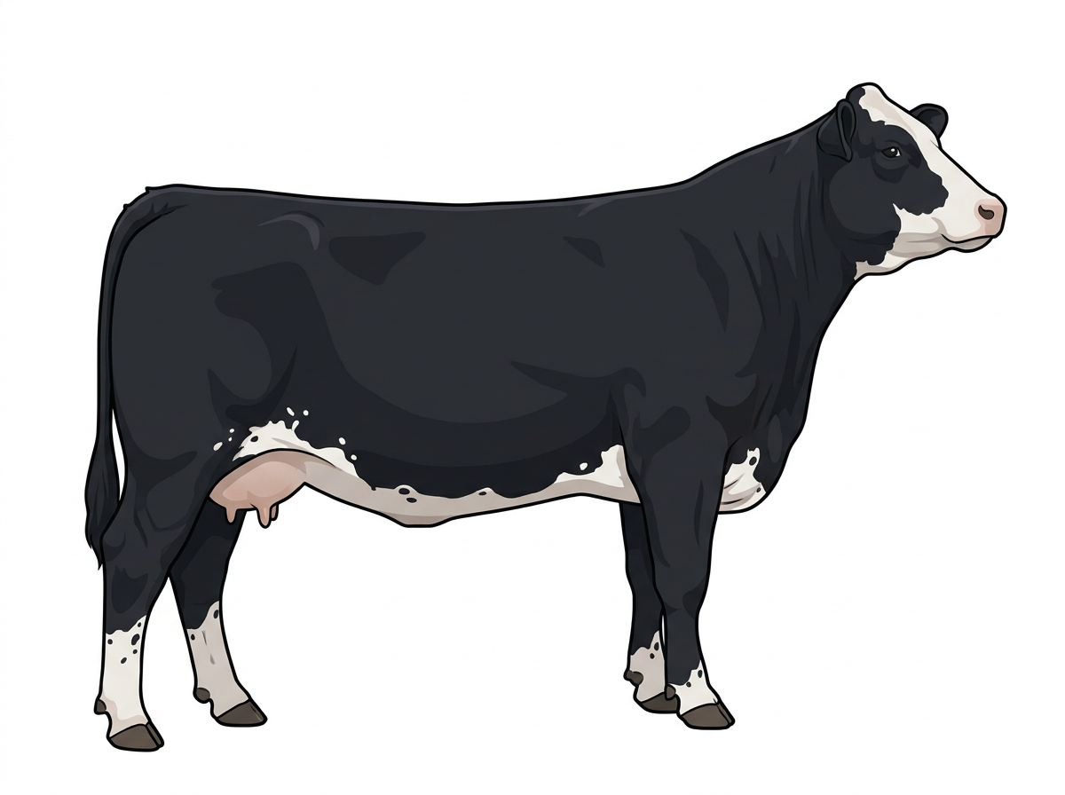 Black with a partial white face, a few white spots and ticking in the white Simmental Cross Cow