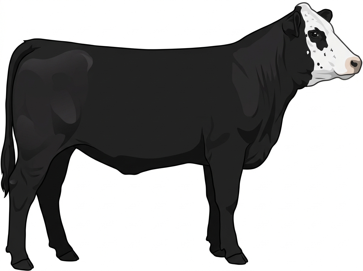 Black with a partial white face, a few white spots and ticking in the white Simmental Cross Heifer