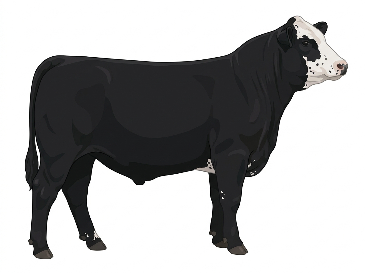 Black with a partial white face, a few white spots and ticking in the white Simmental Cross Steer