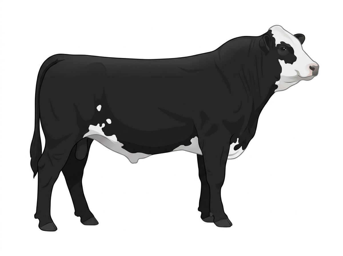 Black with a partial white face and a few white spots Simmental Cross Bull