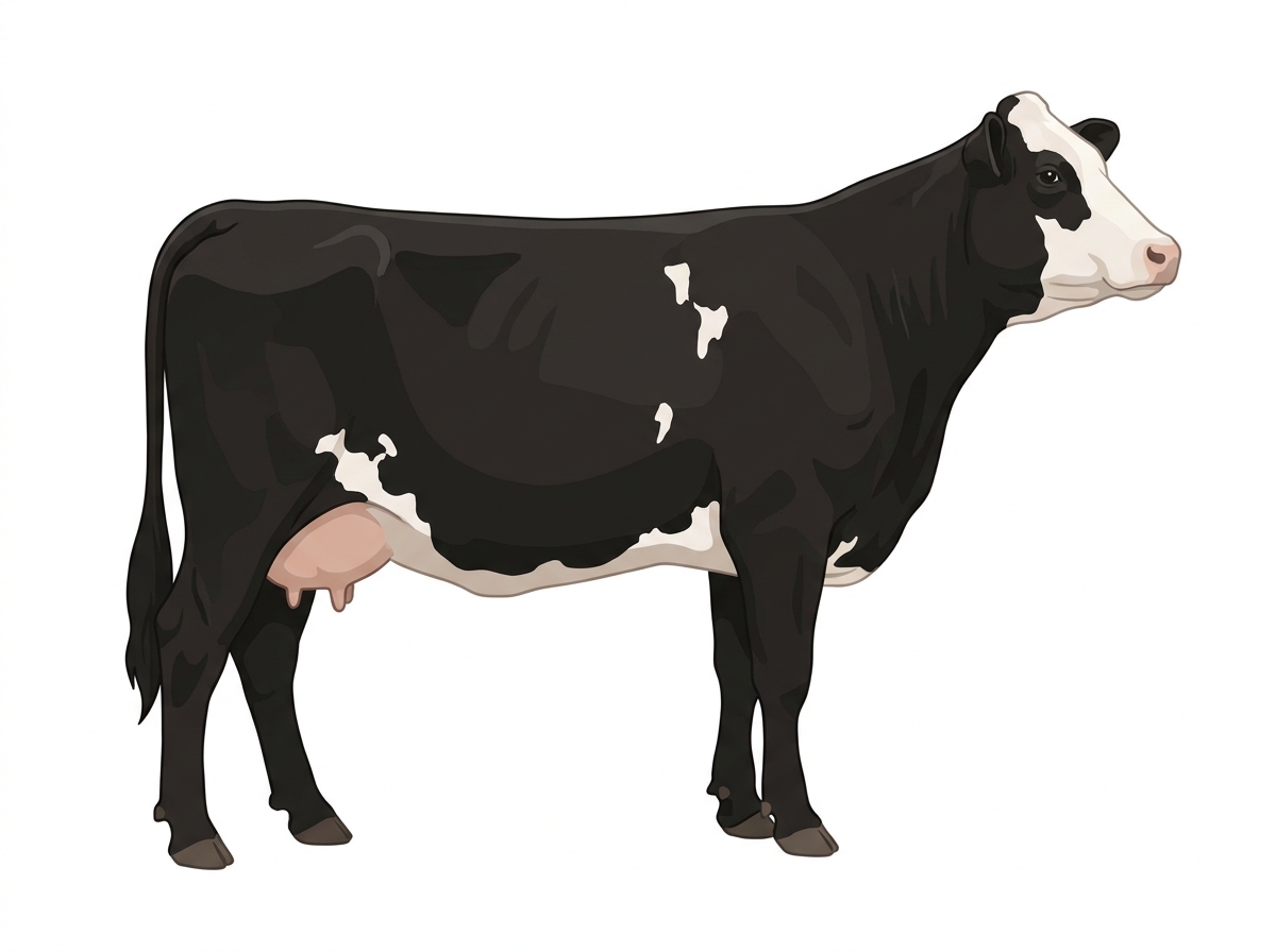 Black with a partial white face and a few white spots Simmental Cross Cow