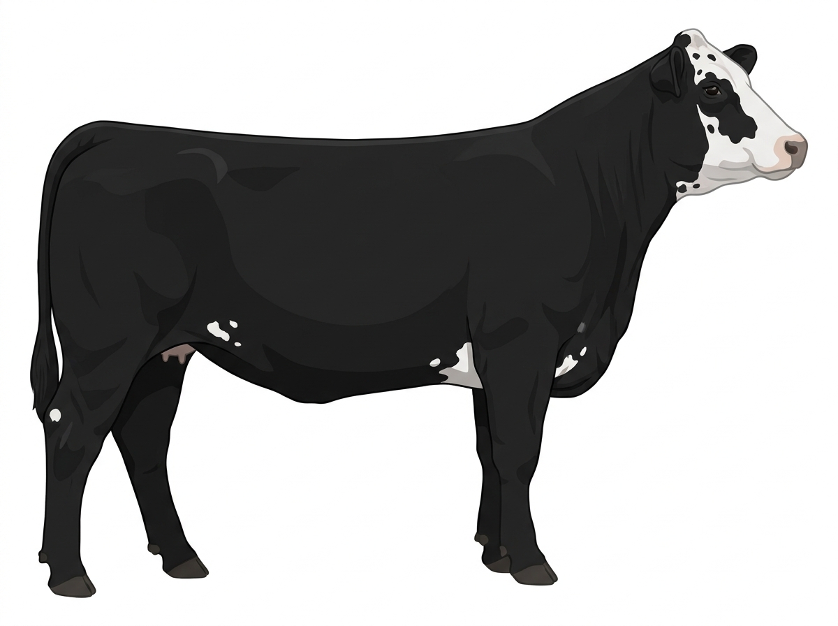 Black with a partial white face and a few white spots Simmental Cross Cow