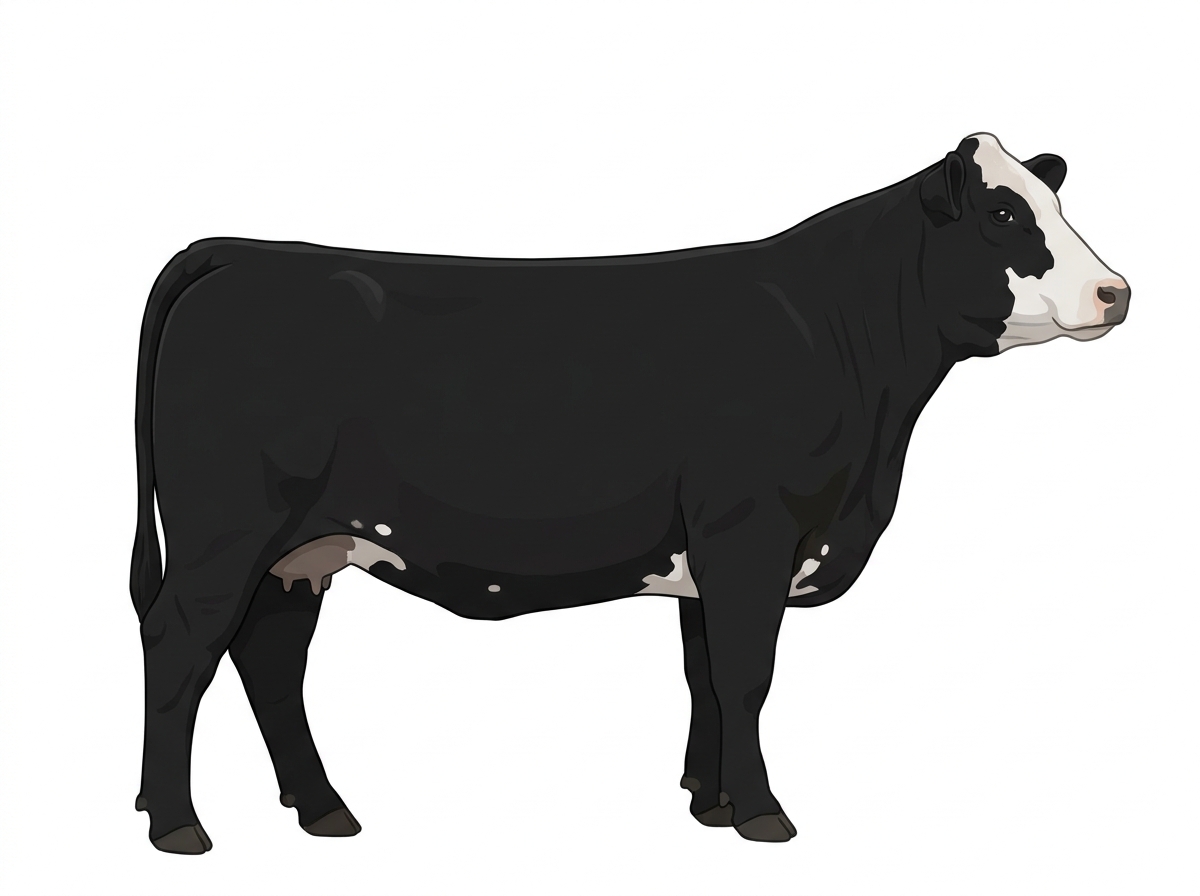 Black with a partial white face and a few white spots Simmental Cross Cow