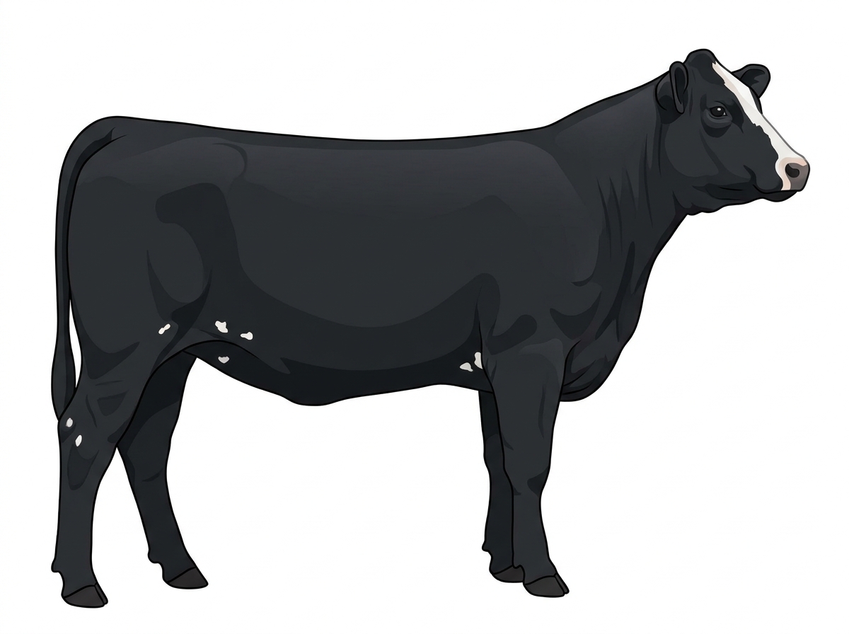 Black with a partial white face and a few white spots Simmental Cross Heifer