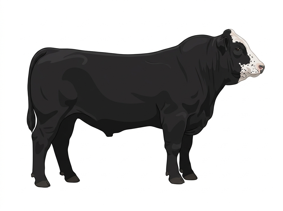 Black with a partial white face and ticking in the white Simmental Cross Bull