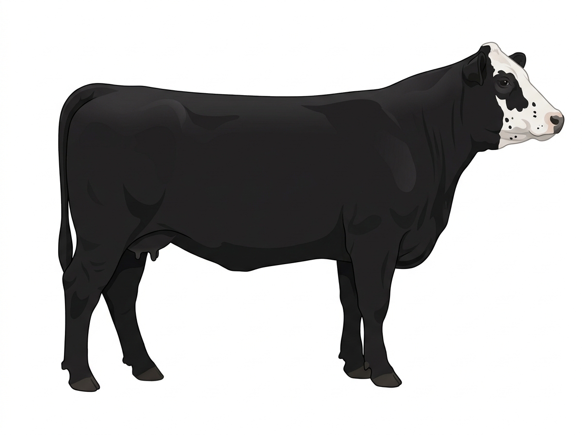 Black with a partial white face and ticking in the white Simmental Cross Cow