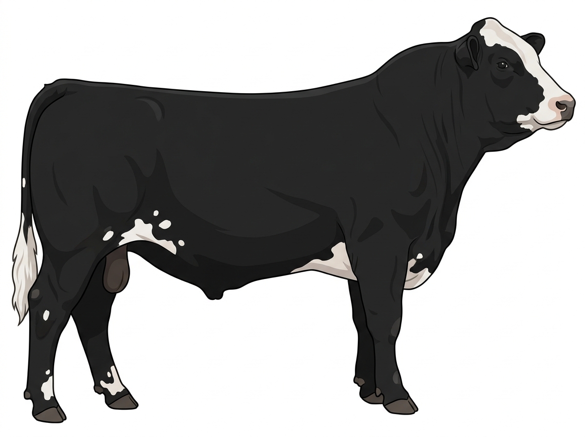 Black with a partial white face and white spots Simmental Cross Bull