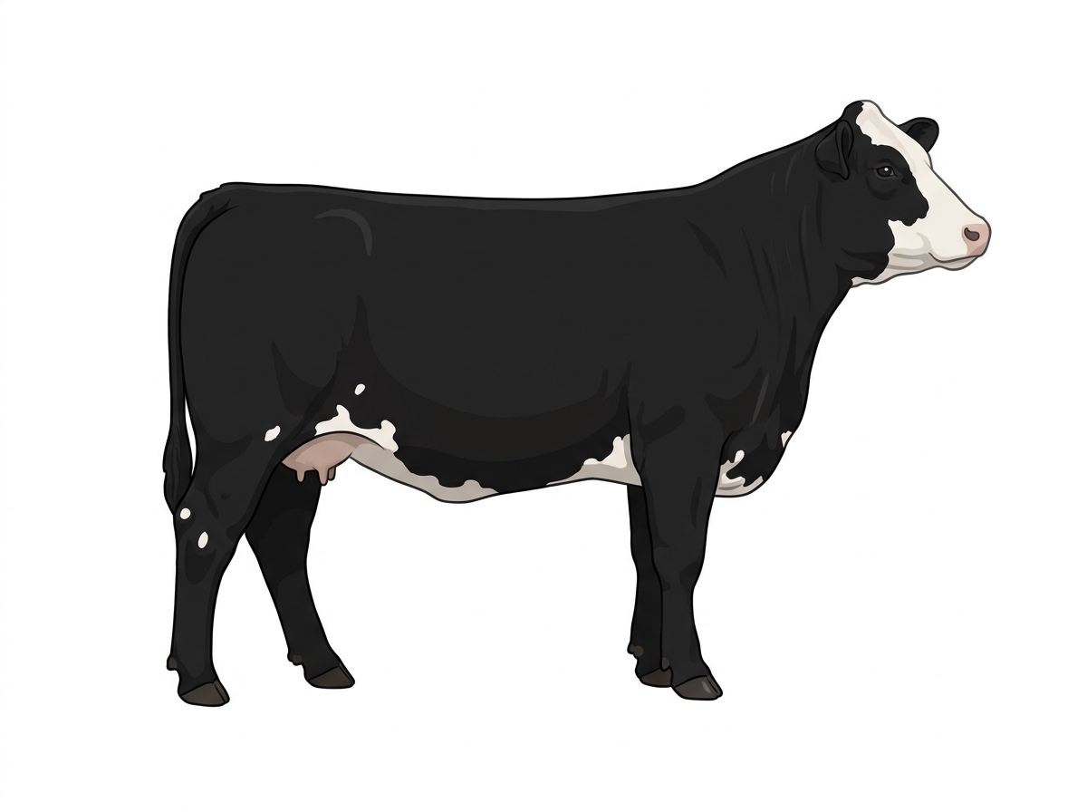 Black with a partial white face and white spots Simmental Cross Cow