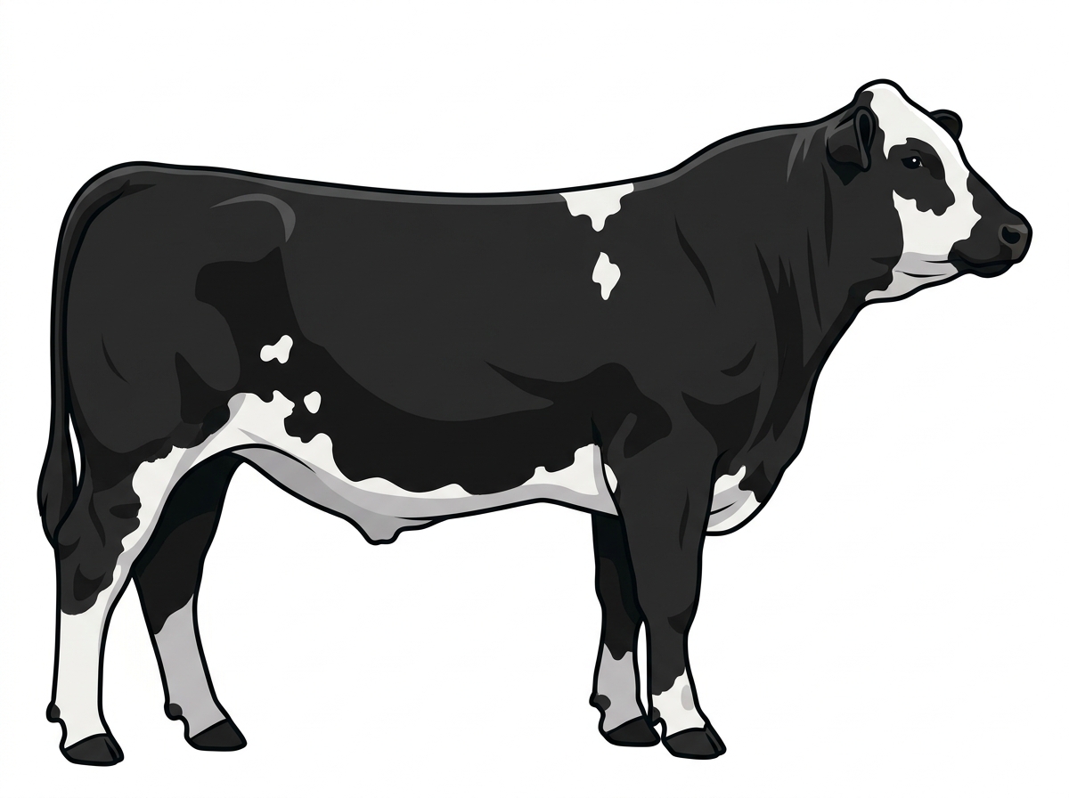 Black with a partial white face and white spots Simmental Cross Steer