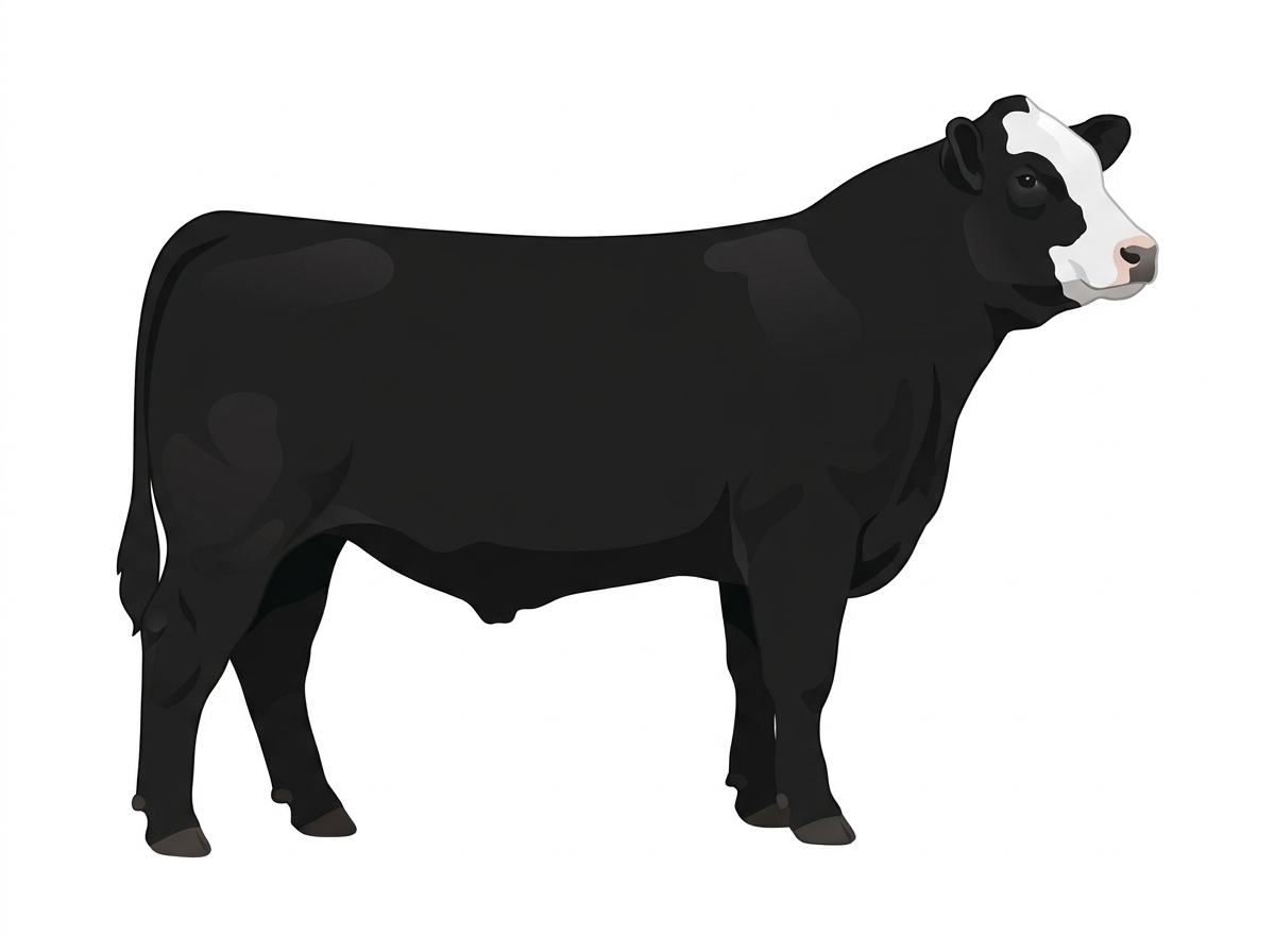 Black with a partial white face Simmental Cross Steer