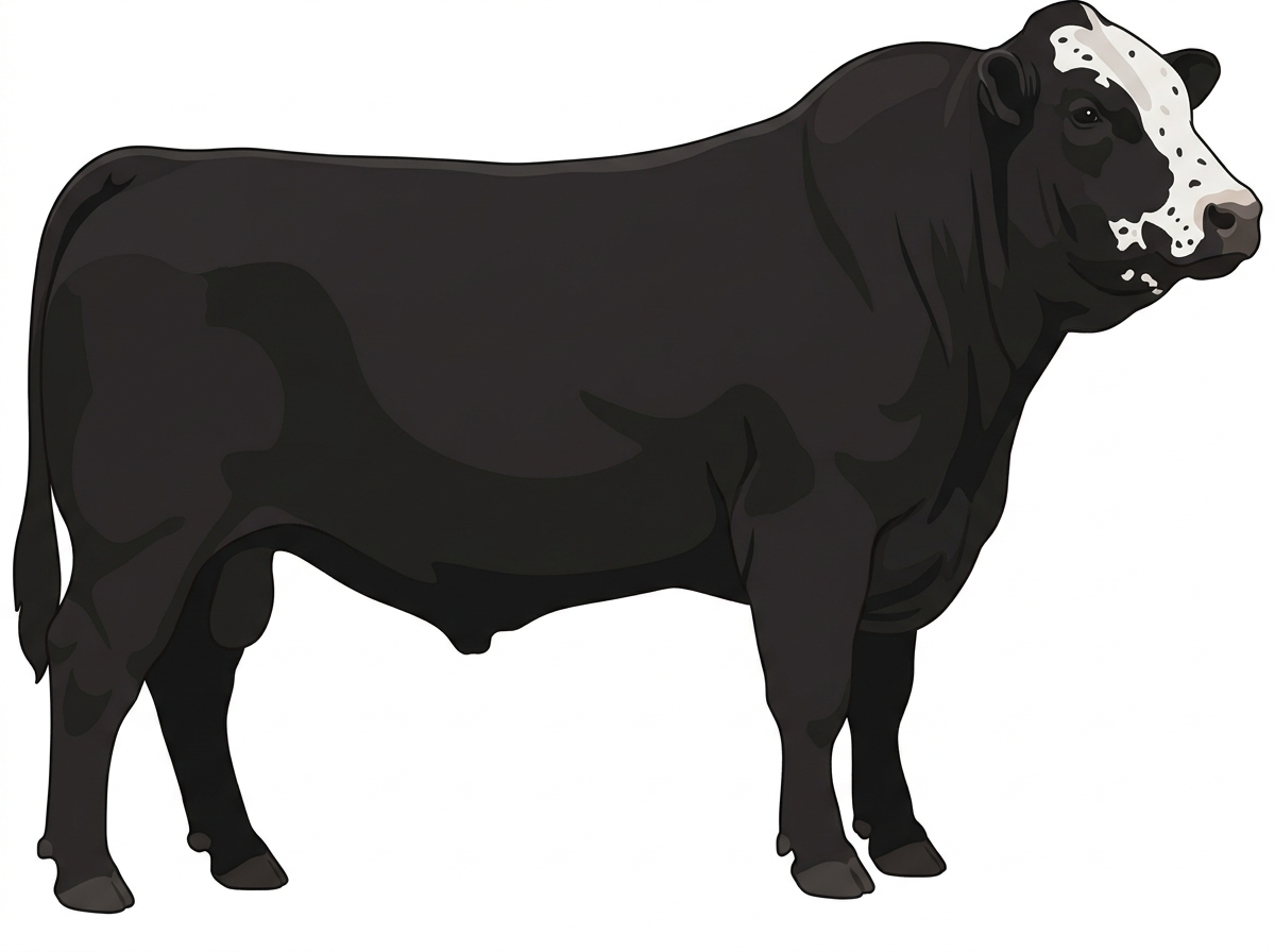 Black with a partial white face, white spots and ticking in the white Simmental Cross Bull