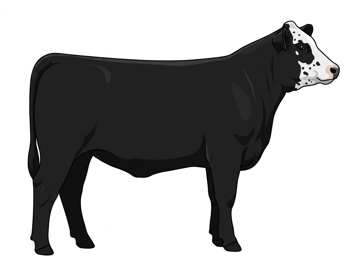 Black with a partial white face, white spots and ticking in the white Simmental Cross Heifer