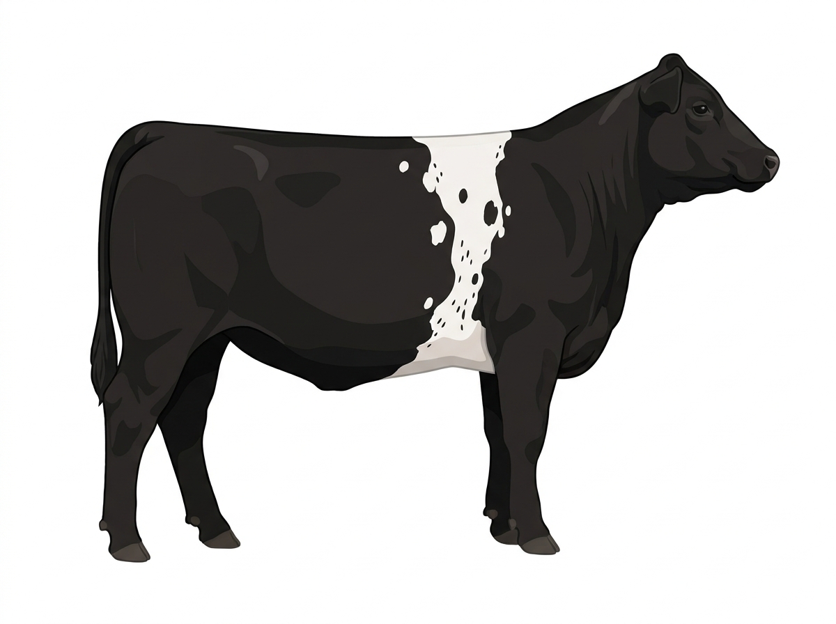 Black with a white belt around the midsection, a few white spots and ticking in the white Simmental Cross Heifer