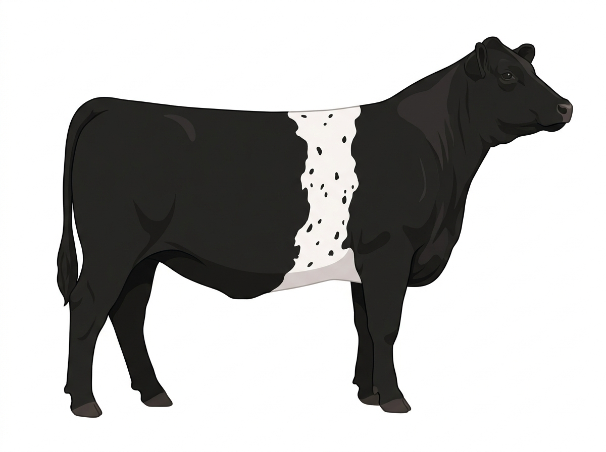 Black with a white belt around the midsection and ticking in the white Simmental Cross Heifer
