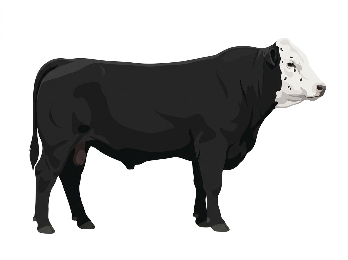 Black with a white face, a few white spots and ticking in the white Simmental Cross Bull