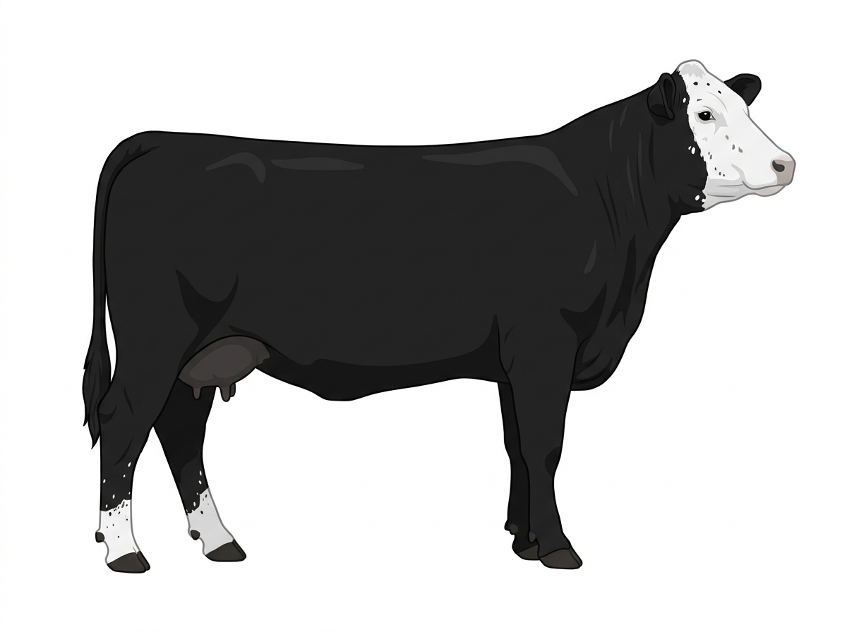 Black with a white face, a few white spots and ticking in the white Simmental Cross Cow