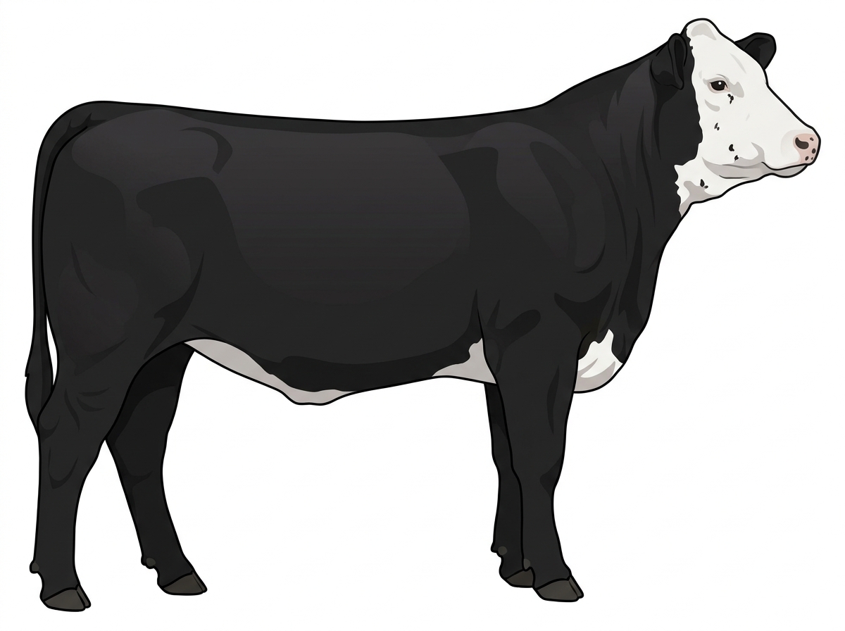 Black with a white face, a few white spots and ticking in the white Simmental Cross Heifer