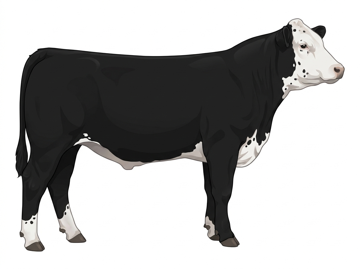 Black with a white face, a few white spots and ticking in the white Simmental Cross Steer