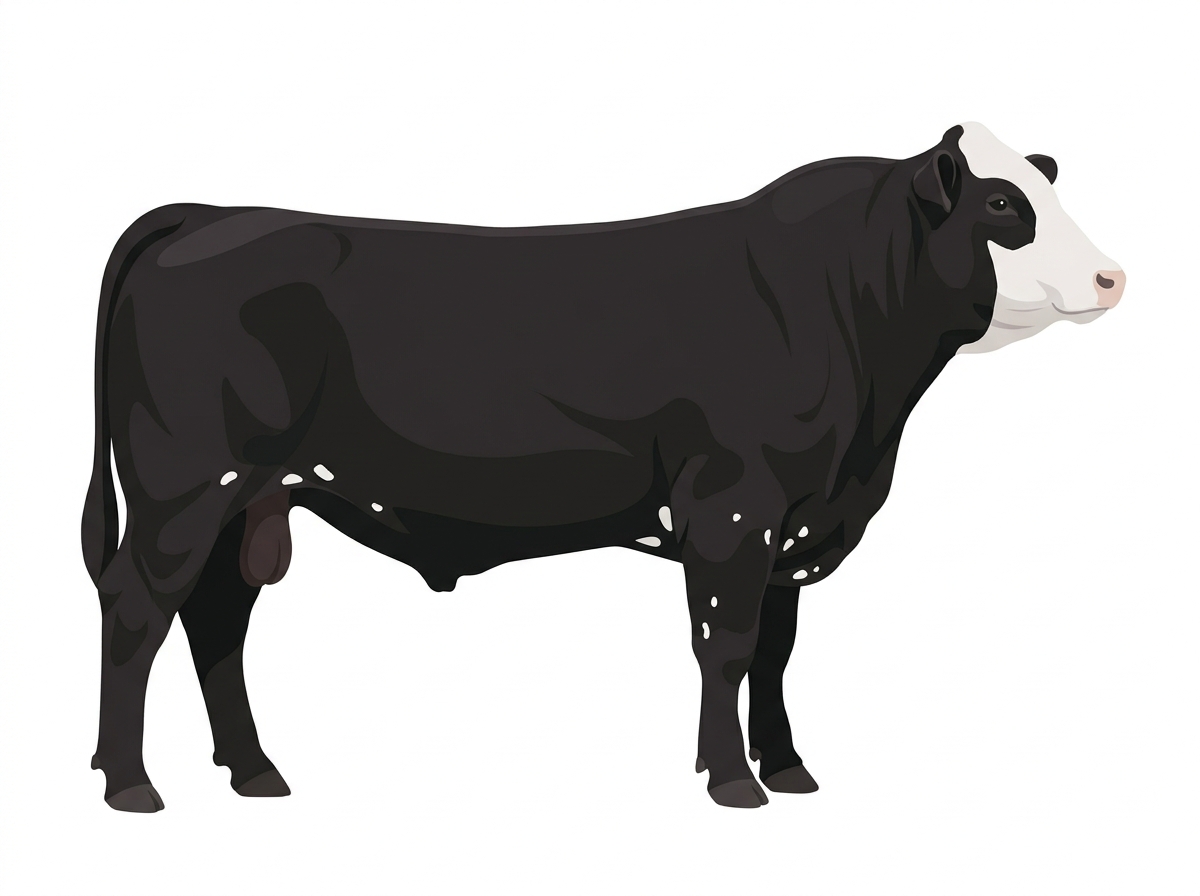 Black with a white face and a few white spots Simmental Cross Bull