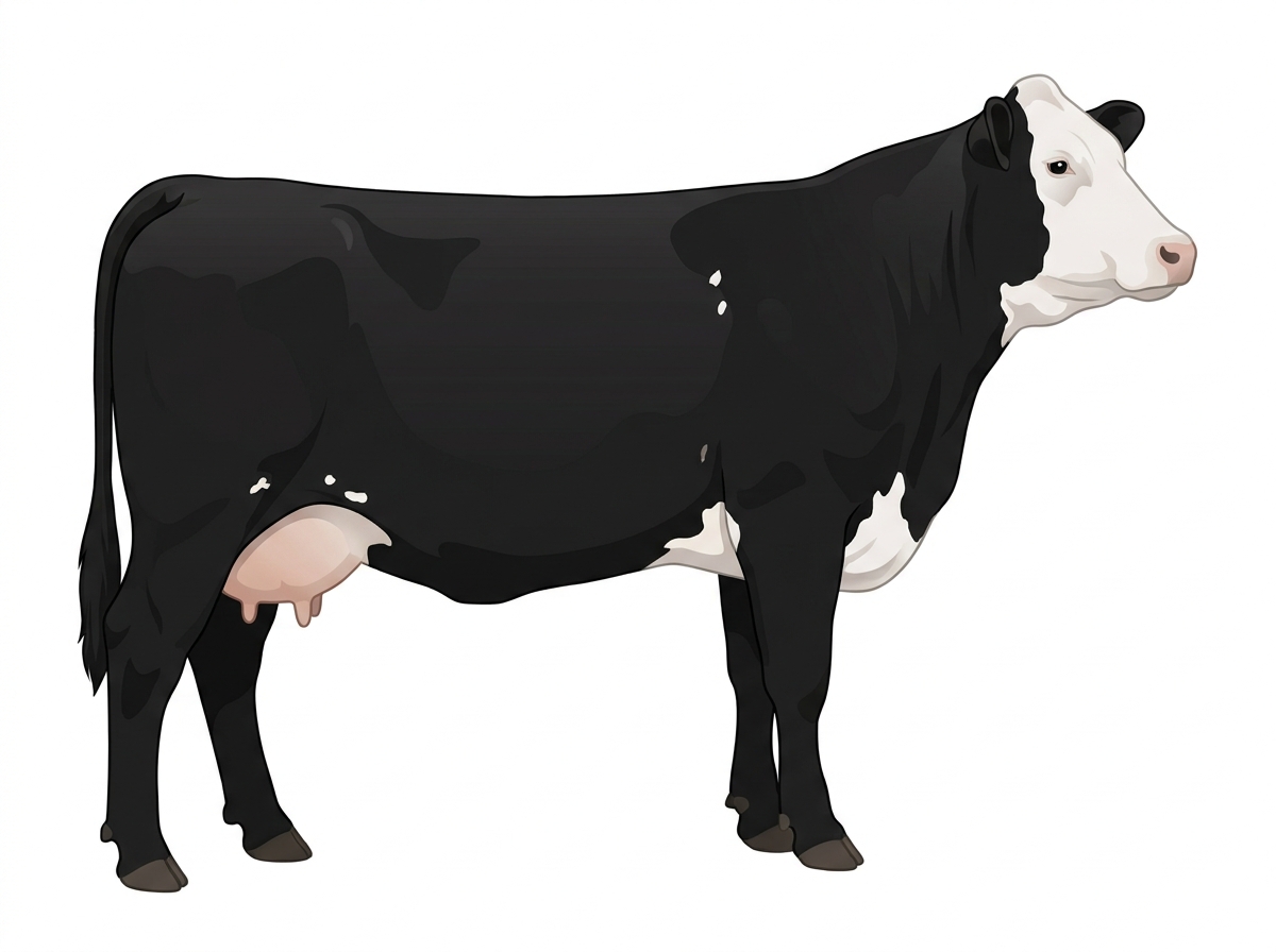 Black with a white face and a few white spots Simmental Cross Cow