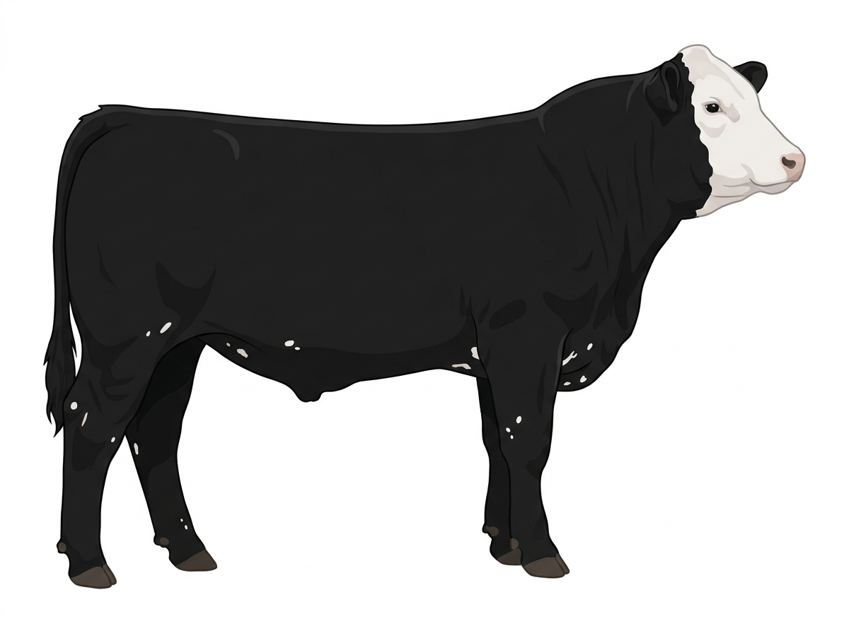 Black with a white face and a few white spots Simmental Cross Steer