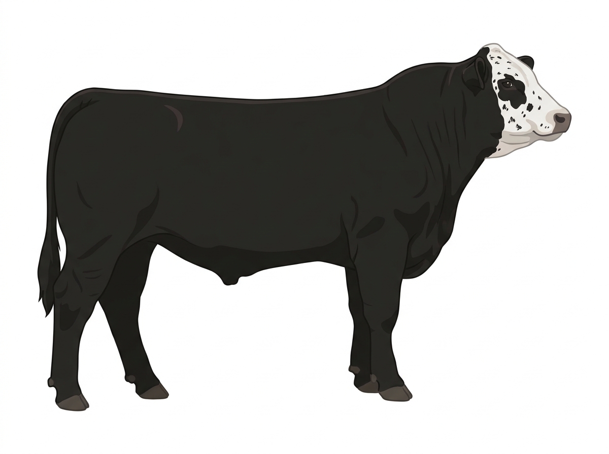 Black with a white face and ticking in the white Simmental Cross Bull