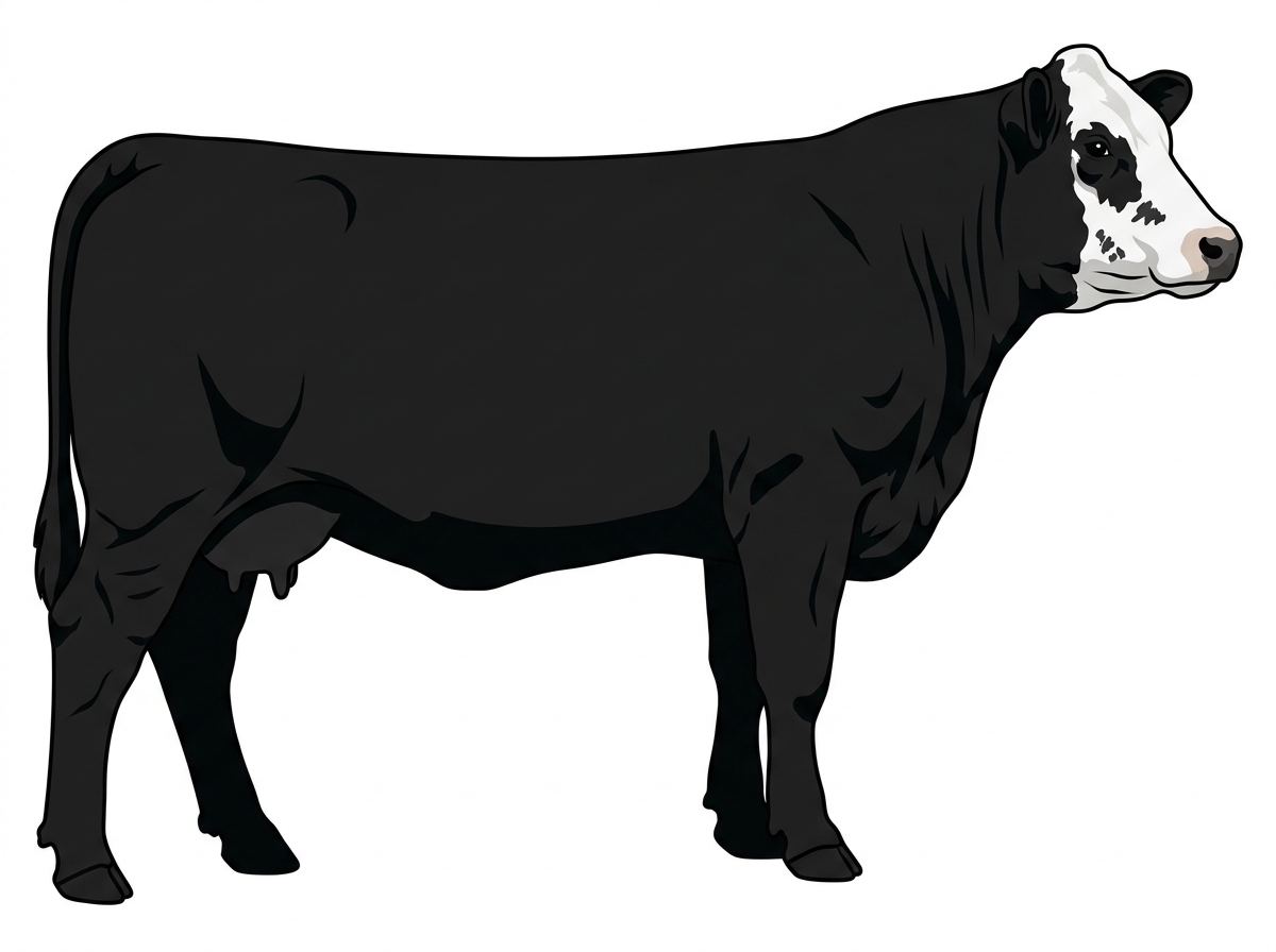 Black with a white face and ticking in the white Simmental Cross Cow