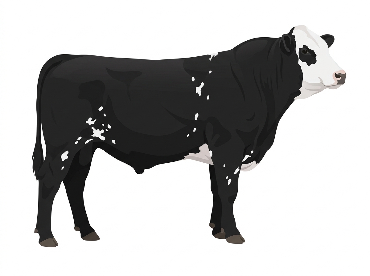 Black with a white face and white spots Simmental Cross Bull