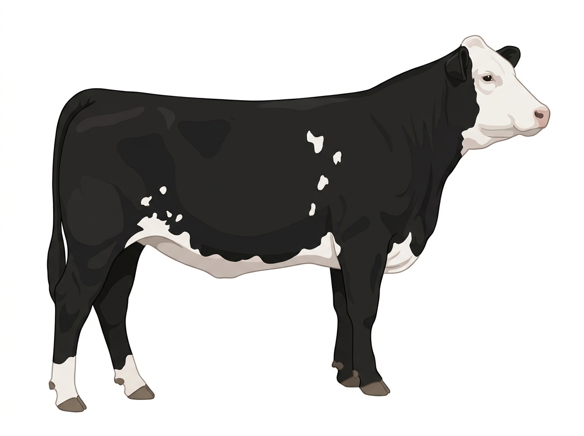 Black with a white face and white spots Simmental Cross Cow