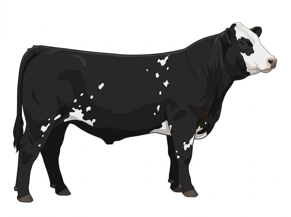 Black with a white face and white spots Simmental Cross Steer