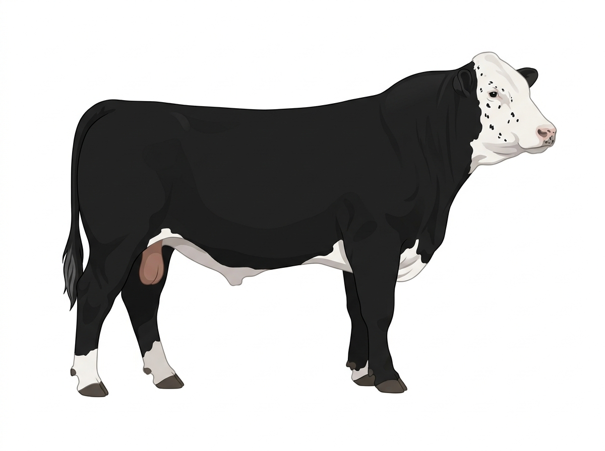 Black with a white face, white spots and ticking in the white Simmental Cross Bull