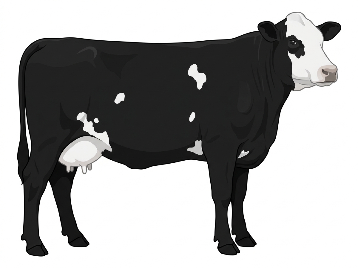 Black with a white face, white spots and ticking in the white Simmental Cross Cow