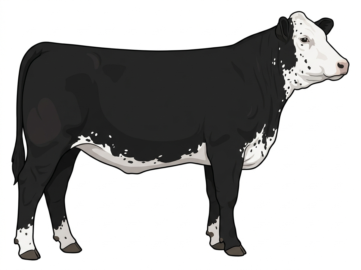 Black with a white face, white spots and ticking in the white Simmental Cross Heifer