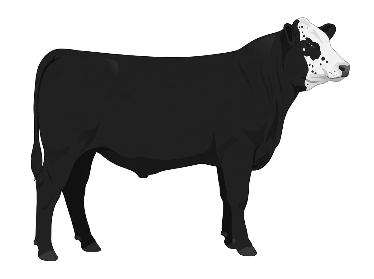 Black with a white face, white spots and ticking in the white Simmental Cross Steer