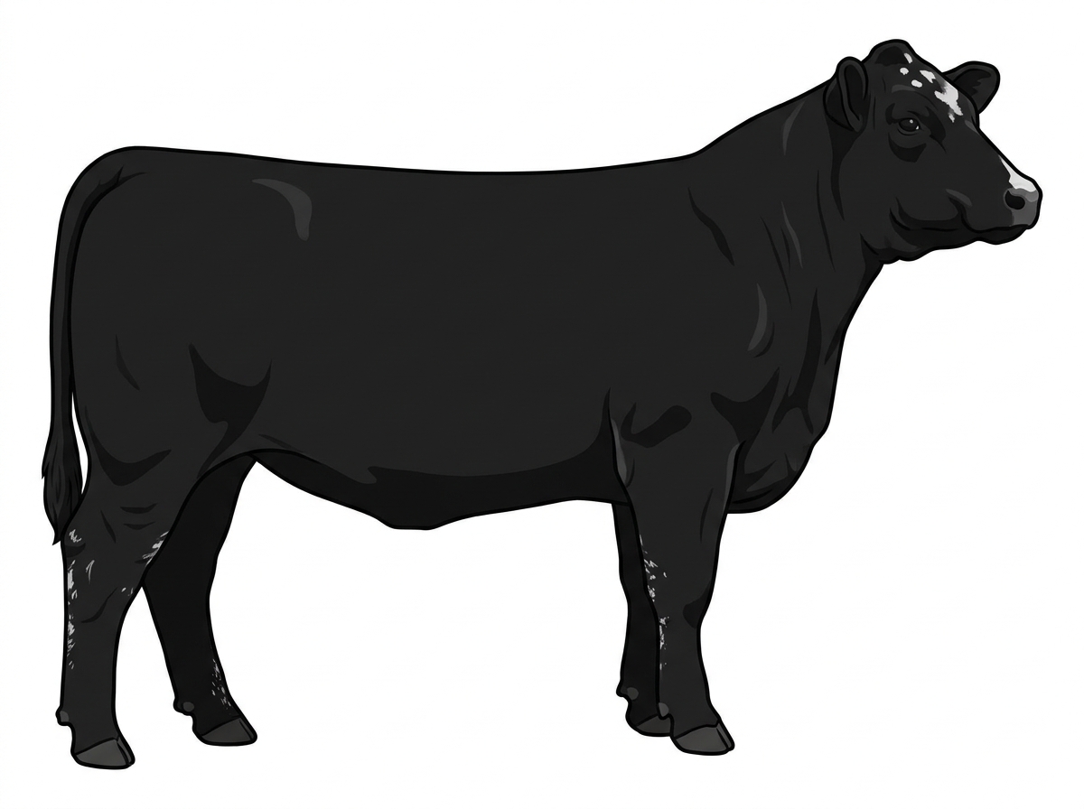Black with minimal white face markings, a few white spots and ticking in the white Simmental Cross Heifer
