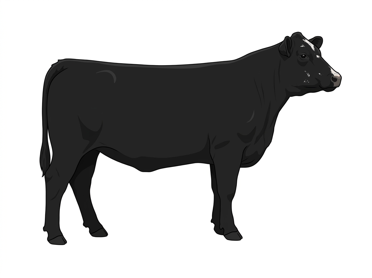 Black with minimal white face markings and ticking in the white Simmental Cross Cow