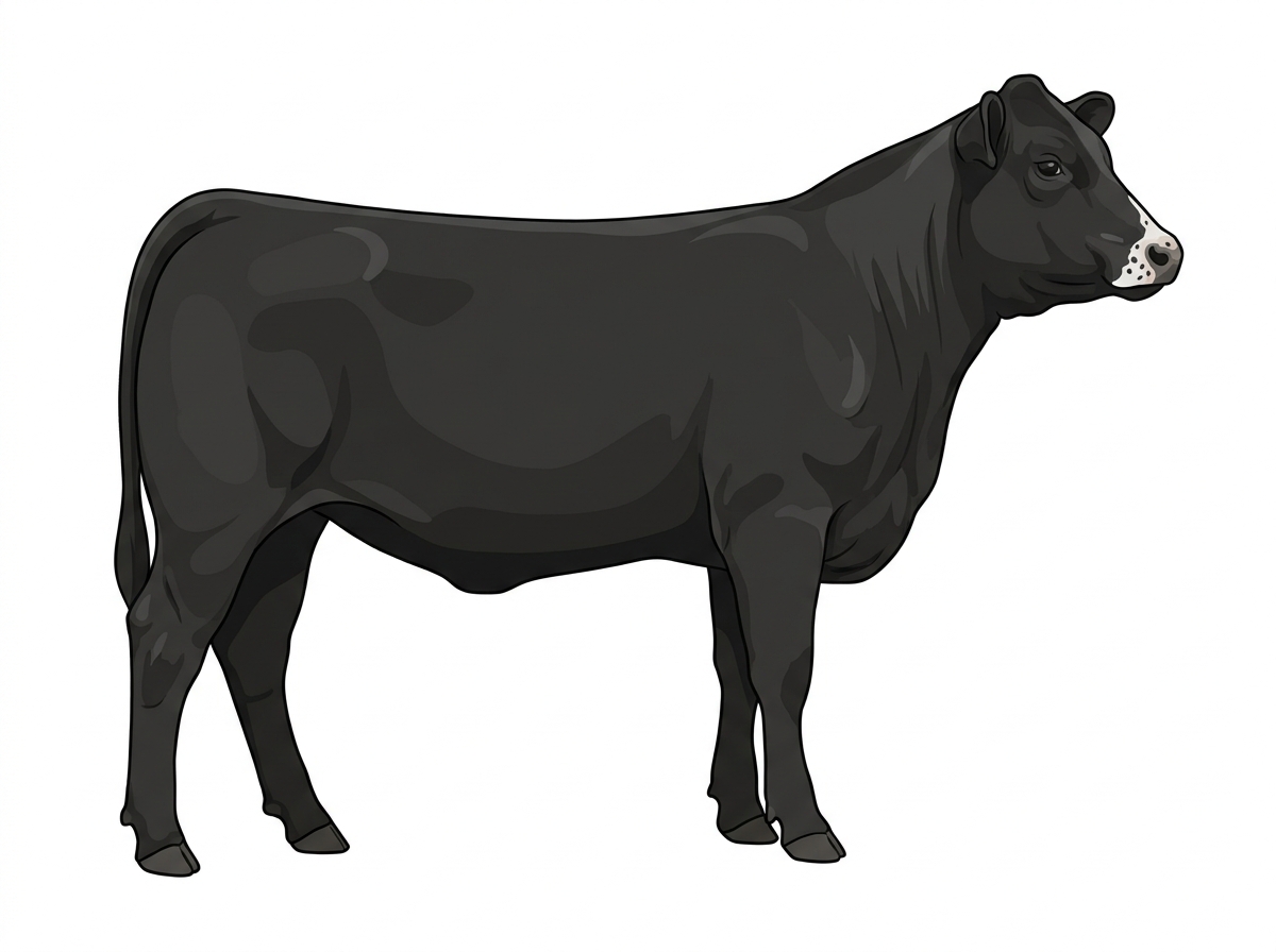 Black with minimal white face markings and ticking in the white Simmental Cross Heifer