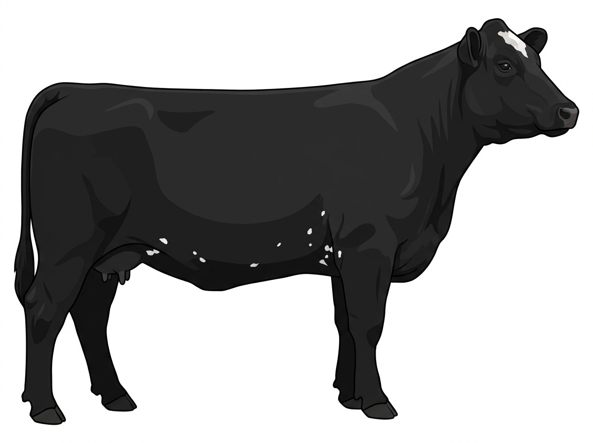Black with minimal white face markings and white spots Simmental Cross Cow