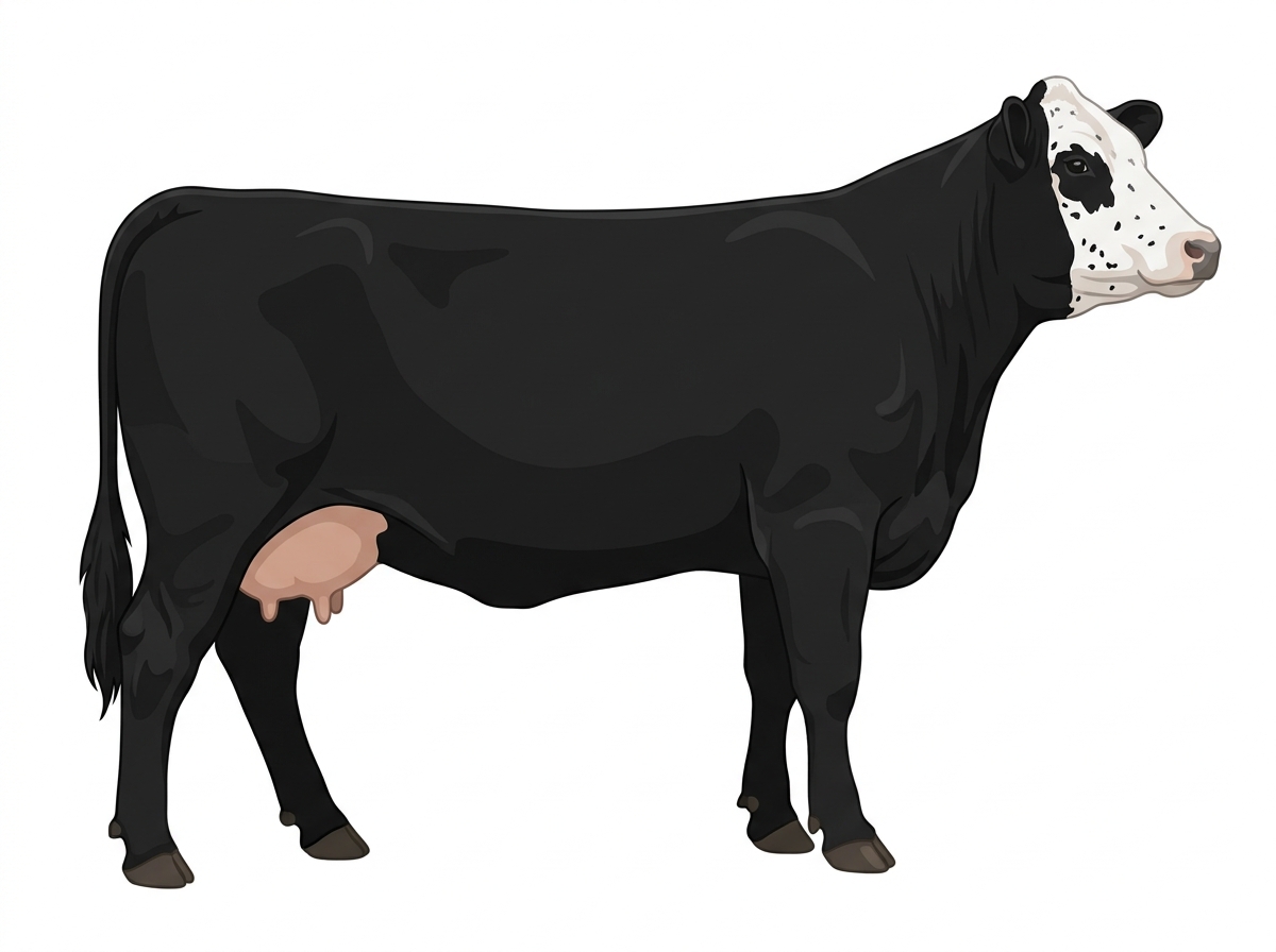 Black with partial white face with ticking Simmental Cross Cow
