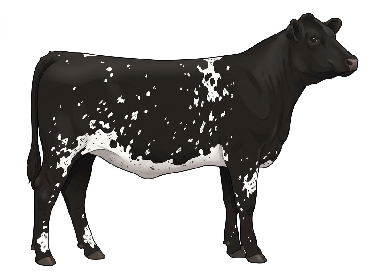 Black with white spots and ticking in the white Simmental Cross Heifer