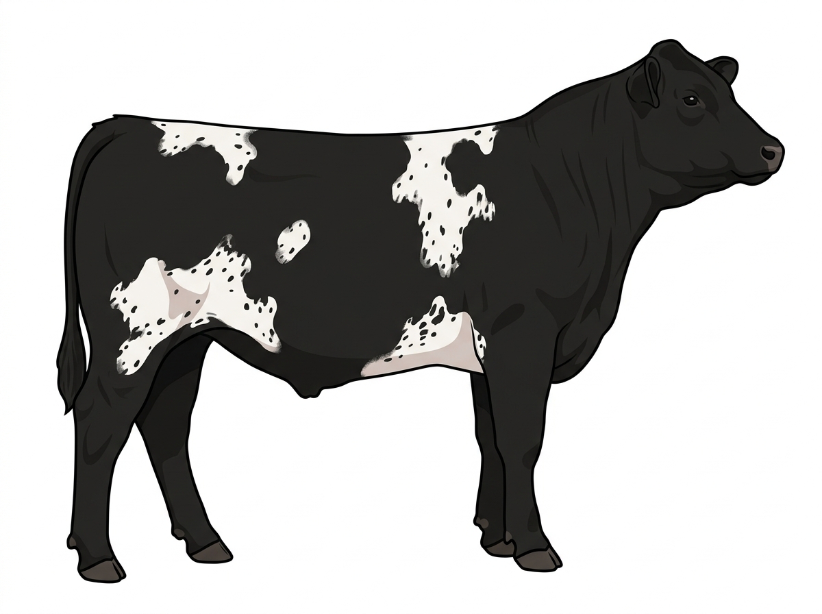 Black with white spots with ticking Simmental Cross Steer
