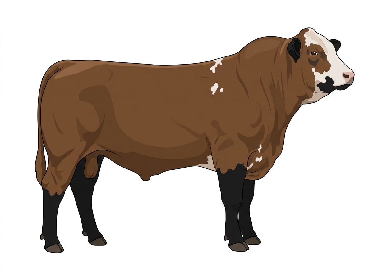 Brown with black points, a partial white face and a few white spots Simmental Cross Bull